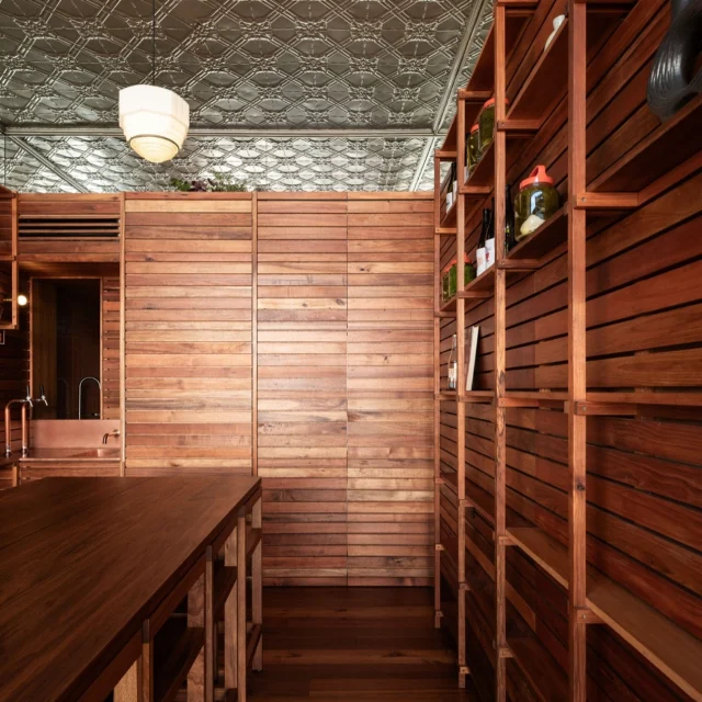 Schole wine bar in Hobart by Taylor and Hinds archittects.
Aquaglaze + Pearl to ceiling works beautifully with the natural timber